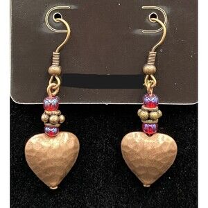 Handmade Hammered Metal Heart & Red Glass Bead Earrings by Neanie-Bot
